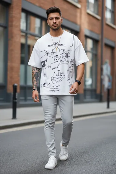 Tricou barbati alb, cu imprimeu, oversize Y181 22A-4.3